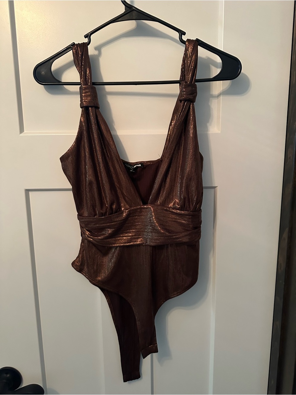 Fashion Nova Metallic Brown Plunging Bodysuit